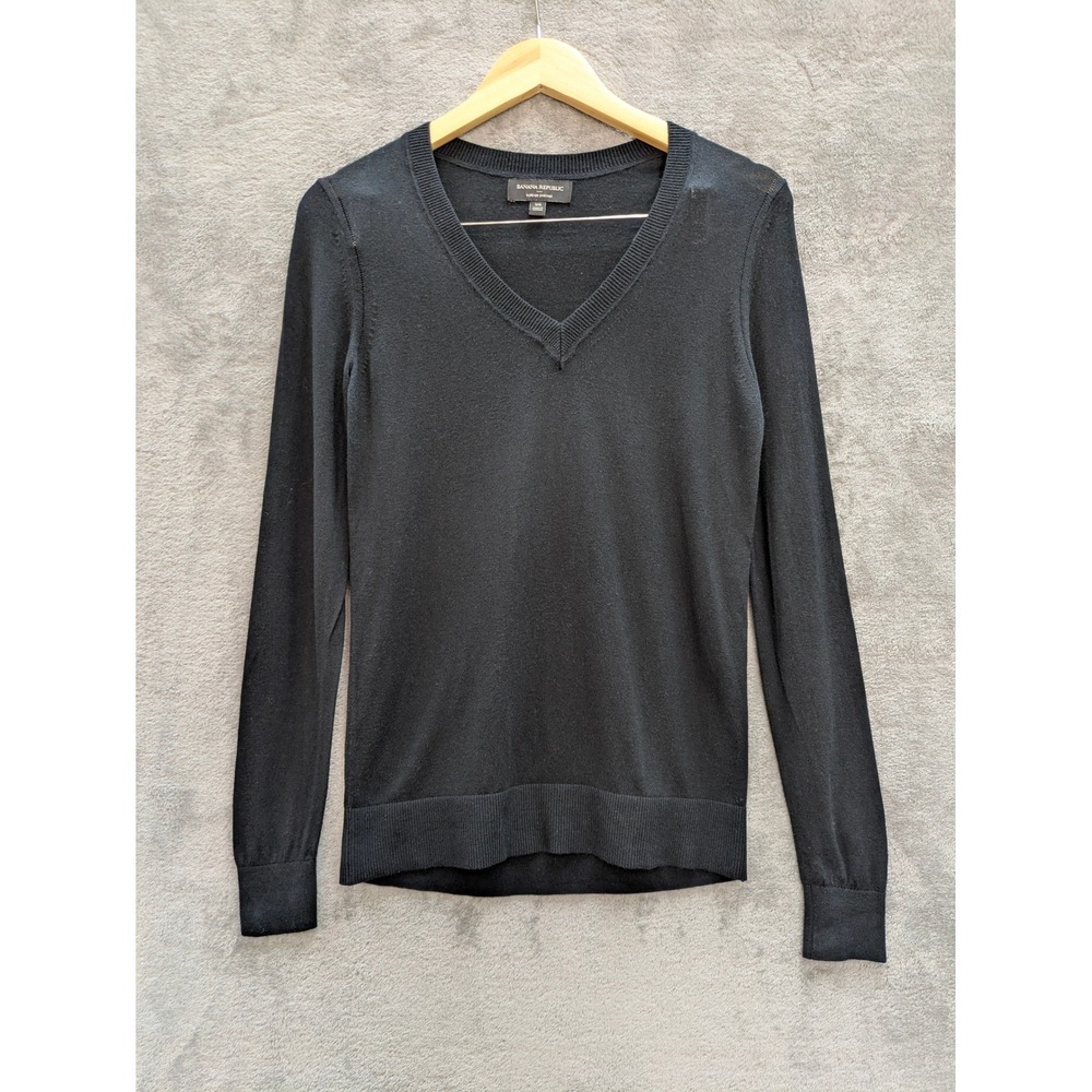 Minimalist V-Neck Forever Sweater Womens XS Black Long Sleeve Ribbed Trim